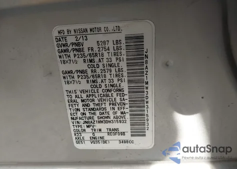 2013 Nissan Murano Sv from USA, damaged, VIN JN8AZ1MW3DW315932